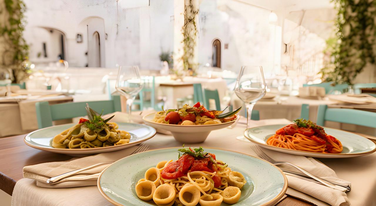 Tavolo apparecchiato con piatti di pasta fresca in una veranda luminosa di Locorotondo